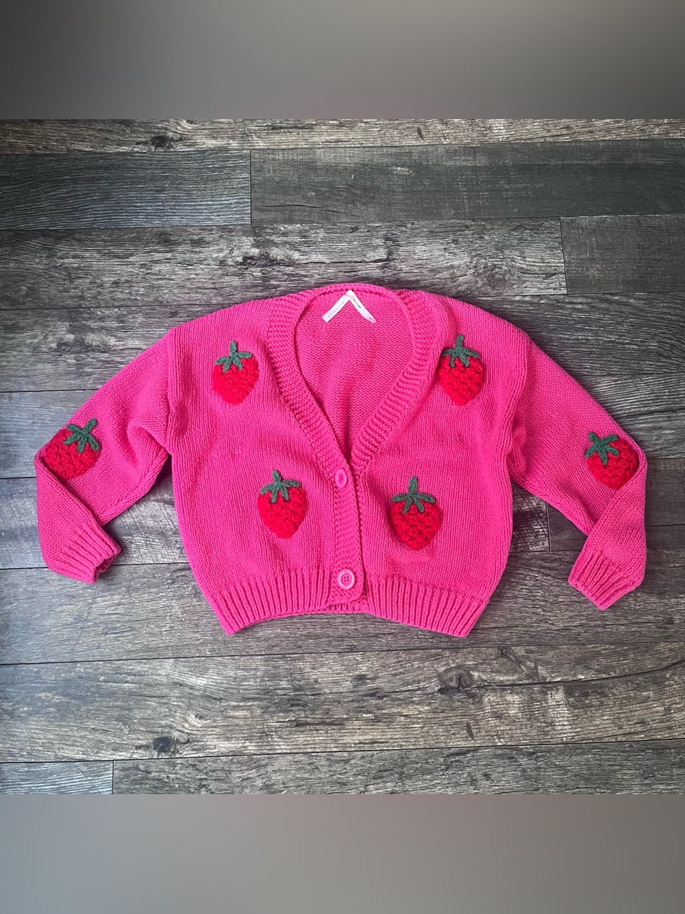 Dreamers by Debut Chunky 3D Strawberry Knit Cropped Cardigan Pink XS